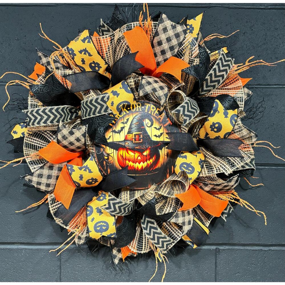 Halloween Wreath For Front Door Spooky Pumpkin  Orange and Black Handmade 26 in